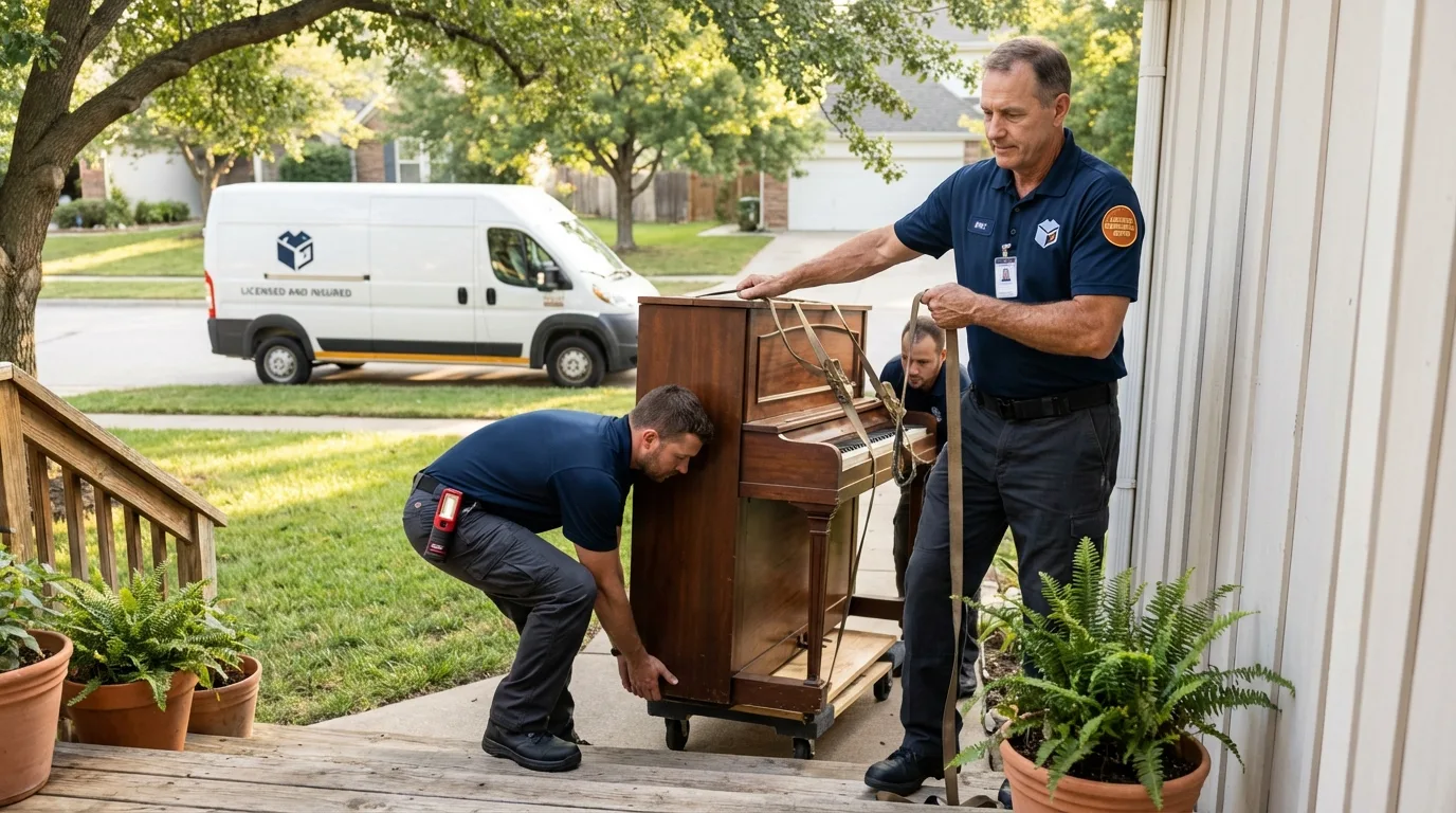 Licensed piano movers securing grand piano in Howard, KS