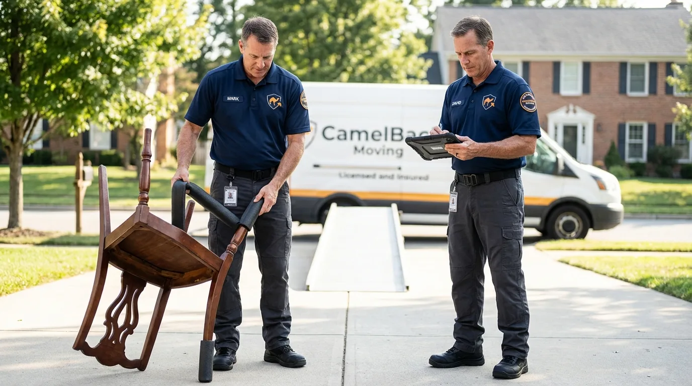 Movers inspecting furniture for damage prevention before loading in Howard, KS